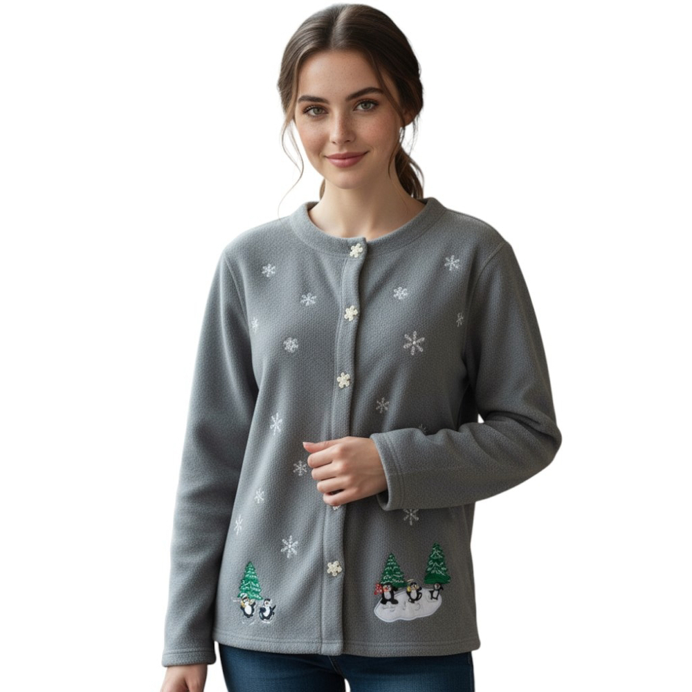 Falls Creek Cardigan Women 1X Gray Holiday Christmas Tree Snowflake Xmas Sweater